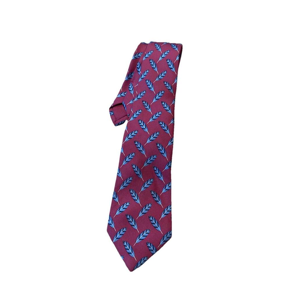 Hermes‎ Silk Tie Maroon Blue Feather Print 995 SA Made in France Authentic Mens